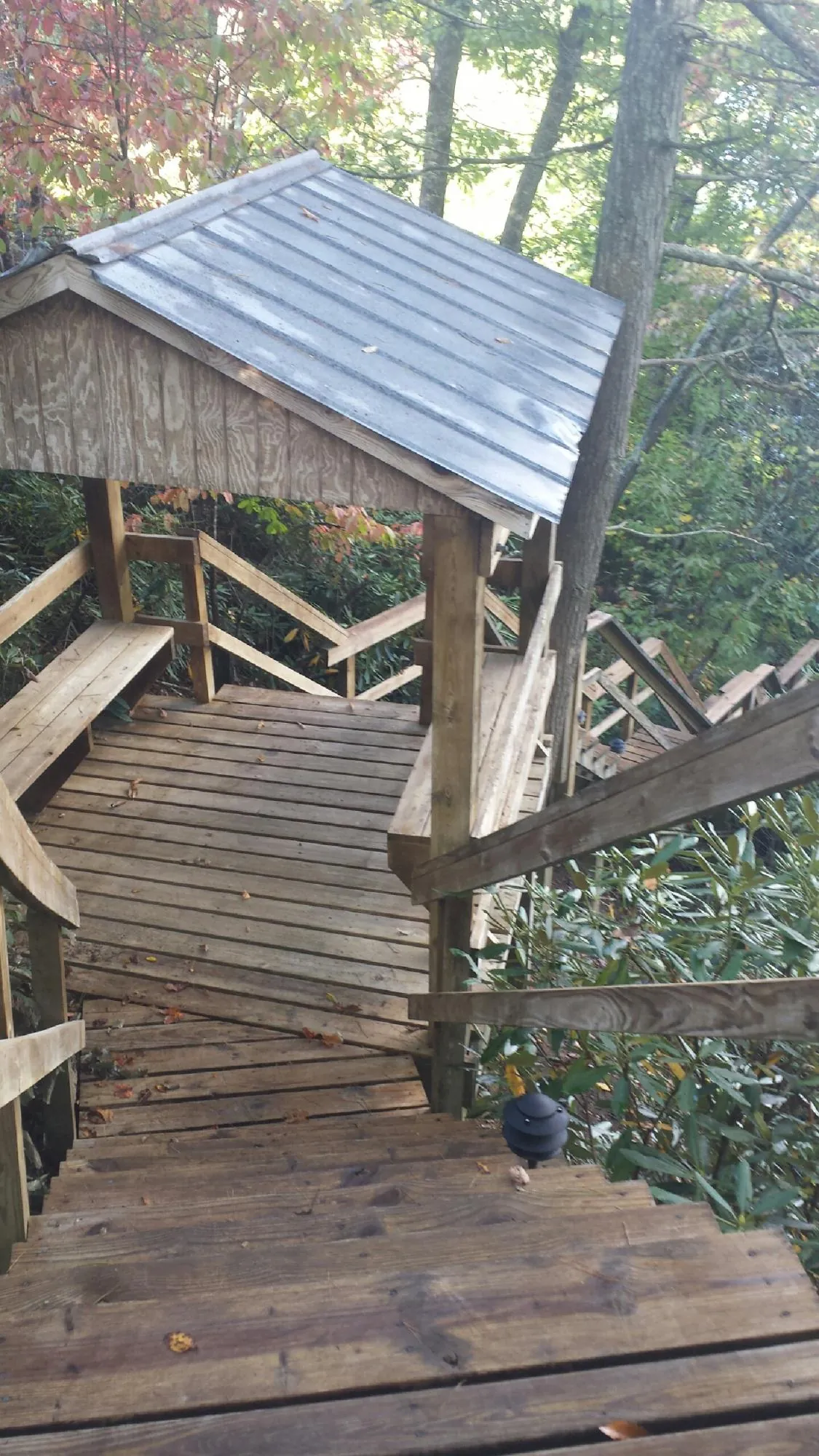 Metal roofed shelter over wooden steps on a wooded walkway — Skylight Repair & Installation work by our crew in Loma